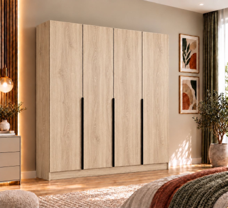 Dulap Vento 4 usi, 200x50x200 cm, Stejar Sonoma, manere negre, Pal 18 mm