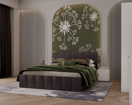 Pat tapitat Alex Gri inchis 180x200 cm + Set noptiere-Alb