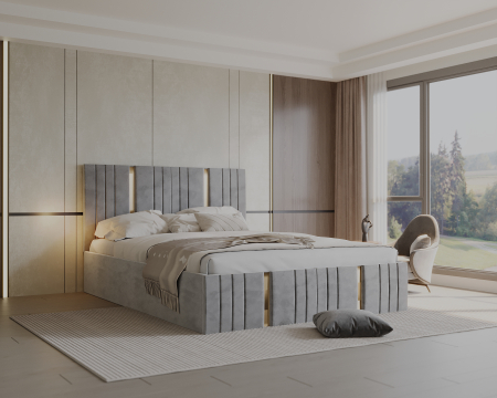 Pat tapitat Sebastian cu saltea , 180x200 cm, Gri deschis