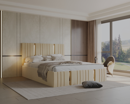 Pat tapitat Sebastian cu saltea , 180x200 cm, Crem