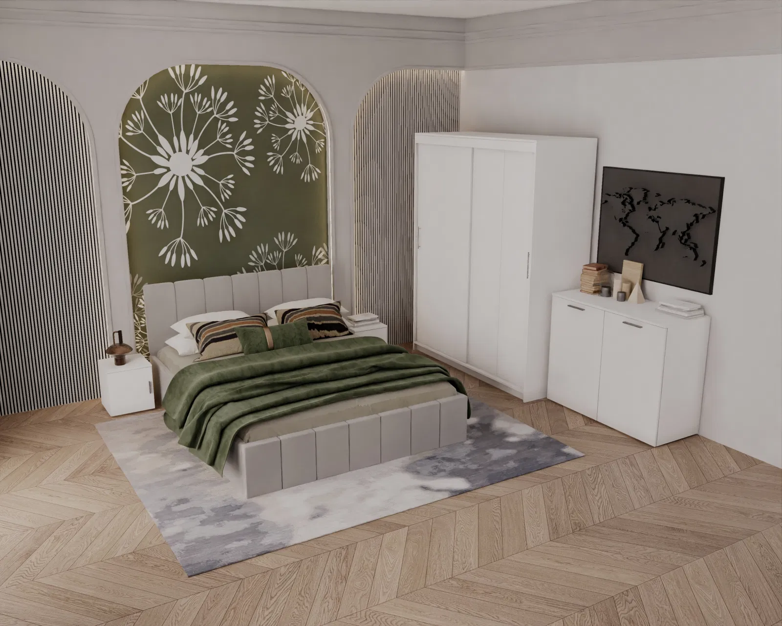 Set Dormitor Alex, 160x200cm, Gri deschis + Alb, Pal 18 mm [1]