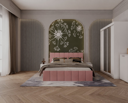 Set Dormitor Alex cu oglinda, 160x200cm, Roz + Alb, Pal 18 mm [3]