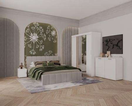 SET DORMITOR - Set Dormitor Alex cu oglinda, 160x200cm, Gri deschis + Alb, Pal 18 mm