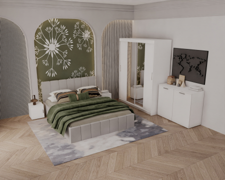 Set Dormitor Alex cu oglinda, 160x200cm, Gri deschis + Alb, Pal 18 mm [1]