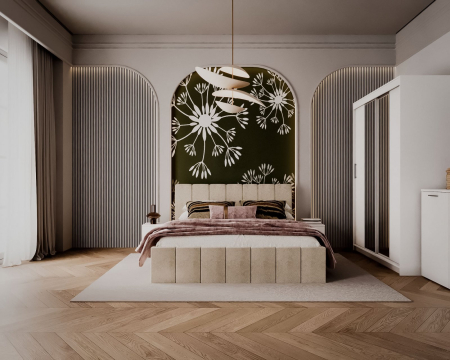 Set Dormitor Alex cu oglinda, 160x200cm, Crem + Alb, Pal 18 mm [2]