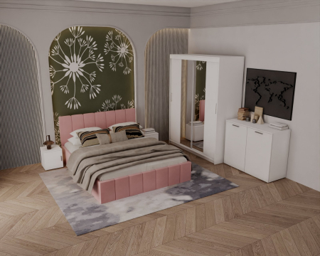 Set Dormitor Alex cu oglinda, 160x200cm, Roz + Alb, Pal 18 mm [1]