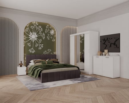 SET DORMITOR - Set Dormitor Alex cu oglinda, 160x200cm, Gri inchis + Alb, Pal 18 mm