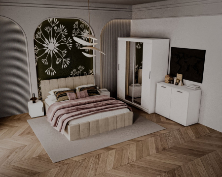 Set Dormitor Alex cu oglinda, 160x200cm, Crem + Alb, Pal 18 mm [1]