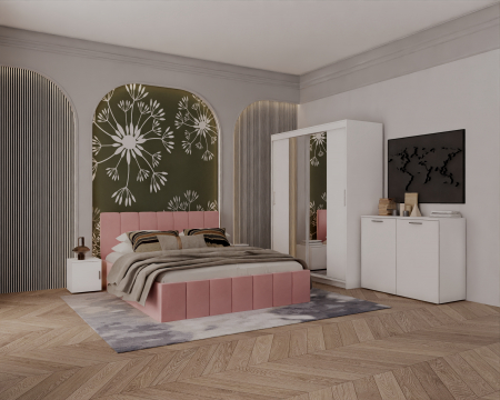 SET DORMITOR - Set Dormitor Alex cu oglinda, 160x200cm, Roz + Alb, Pal 18 mm