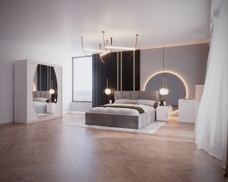 DORMITOARE COMPLETE - Set Dormitor Cami, Pat 140x200cm, Gri deschis+ Alb, Pal 18 mm