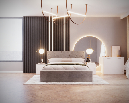 Set Dormitor Cami, Pat 140x200cm, Gri deschis+ Alb, Pal 18 mm [2]