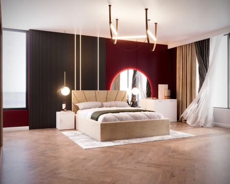 Set Dormitor Cami, Pat 140x200cm, Crem + Alb, Pal 18 mm