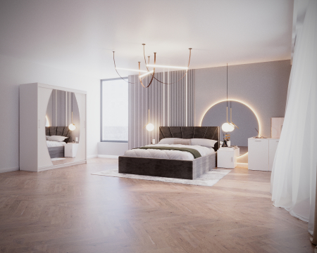 Set Dormitor Cami, Pat 140x200cm, Gri inchis + Alb, Pal 18 mm