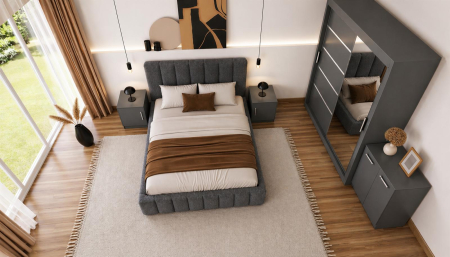Set Dormitor Karla + somiera rabatabila, Pat 160x200 cm, Gri inchis + Antracit [2]