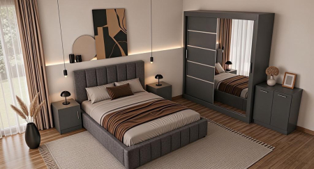 Set Dormitor Karla + somiera rabatabila, Pat 160x200 cm, Gri inchis + Antracit [1]
