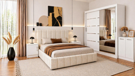Set Dormitor Karla + somiera rabatabila , Pat 160x200 cm, Crem + Alb [3]