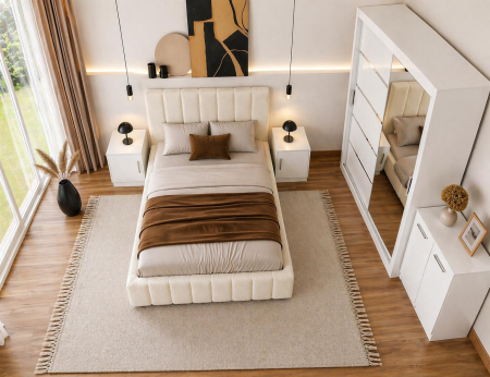 Set Dormitor Karla + somiera rabatabila , Pat 160x200 cm, Crem + Alb [2]