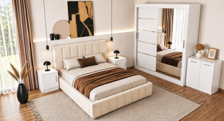 Set Dormitor Karla + somiera rabatabila , Pat 160x200 cm, Crem + Alb [1]
