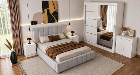 Set Dormitor Karla + somiera rabatabila, Pat 160x200 cm, Gri deschis + Alb [2]