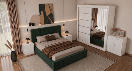 Set Dormitor Karla + somiera rabatabila, Pat 160x200 cm, Verde + Alb [1]