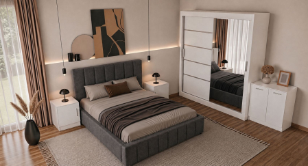 Set Dormitor Karla + somiera rabatabila, Pat 160x200 cm, Gri inchis + Alb [1]
