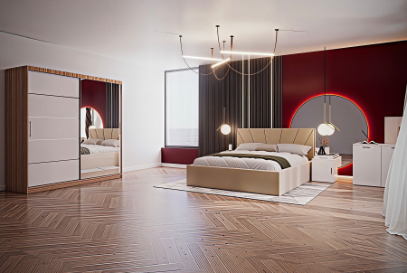 DORMITOARE COMPLETE - Set Dormitor Melissa, Pat Cami Crem 140x200cm, DR. Sebastian Sonoma+ Alb, Pal 18 mm