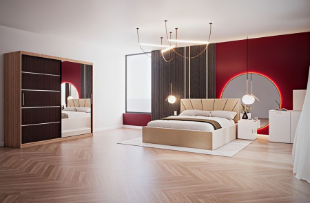 DORMITOARE COMPLETE - Set Dormitor Melissa, Pat Cami Crem 140x200cm, DR. Sebastian Sonoma & Wenge, Pal 18 mm