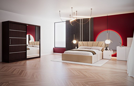 DORMITOARE COMPLETE - Set Dormitor Melissa, Pat Cami Crem 140x200cm, DR. Sebastian  Wenge, Pal 18 mm