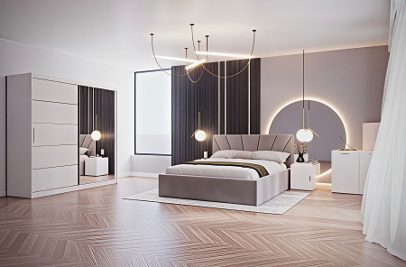 DORMITOARE COMPLETE - Set Dormitor Melissa, Pat Cami Gri deschis 140x200cm, DR. Sebastian Alb, Pal 18 mm