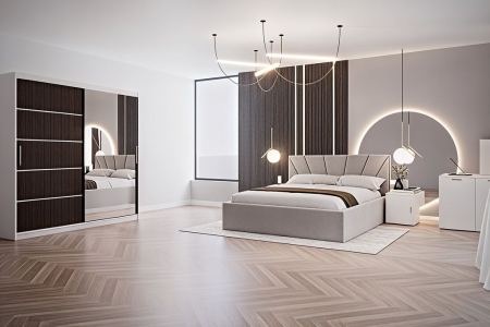 DORMITOARE COMPLETE - Set Dormitor Melissa, Pat Cami Gri deschis 140x200cm, DR. Sebastian Alb & Wenge, Pal 18 mm