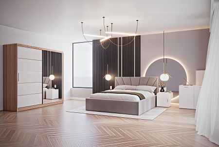 DORMITOARE COMPLETE - Set Dormitor Melissa, Pat Cami Gri deschis 140x200cm, DR. Sebastian Sonoma & Alb, Pal 18 mm