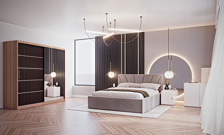 DORMITOARE COMPLETE - Set Dormitor Melissa, Pat Cami Gri deschis 140x200cm, DR. Sebastian Sonoma & Wenge, Pal 18 mm