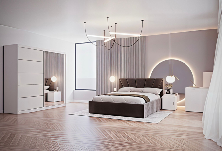 Set Dormitor Melissa, Pat Cami Gri inchis 140x200cm, DR. Sebastian Alb, Pal 18 mm