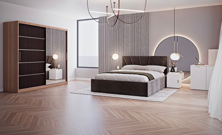 Set Dormitor Melissa, Pat Cami Gri inchis 140x200cm, DR. Sebastian Alb & Wenge, Pal 18 mm