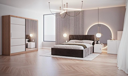 Set Dormitor Melissa, Pat Cami Gri inchis 140x200cm, DR. Sebastian Sonoma & Alb, Pal 18 mm