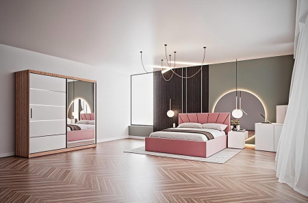 DORMITOARE COMPLETE - Set Dormitor Melissa, Pat Cami Roz 140x200cm, DR. Sebastian Sonoma+ Alb, Pal 18 mm