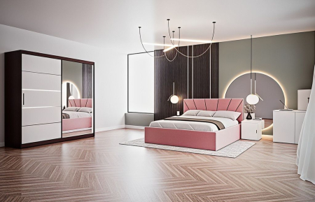 DORMITOARE COMPLETE - Set Dormitor Melissa, Pat Cami Roz 140x200cm, DR. Sebastian Wenge & Alb, Pal 18 mm