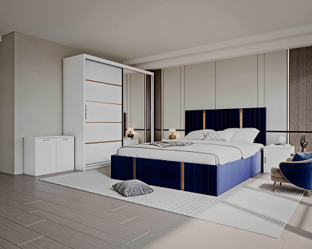 DORMITOARE COMPLETE - Set Dormitor Sebastian auriu cu oglinda, Pat 160x200cm, Albastru + Alb, Pal 18 mm