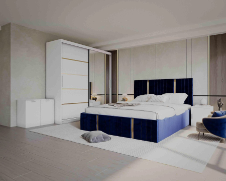 DORMITOARE COMPLETE - Set Dormitor Sebastian auriu cu oglinda, Pat 160x200cm, Albastru + Alb, Pal 18 mm