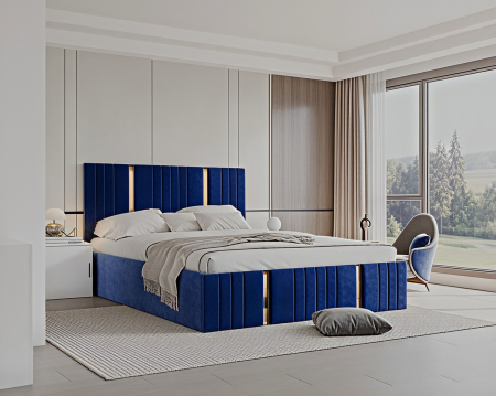 Set Dormitor Sebastian auriu cu oglinda, Pat 160x200cm, Albastru + Alb, Pal 18 mm [1]