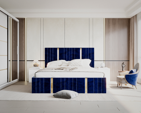 Set Dormitor Sebastian auriu cu oglinda, Pat 160x200cm, Albastru + Alb, Pal 18 mm [3]