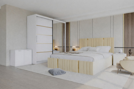 DORMITOARE COMPLETE - Set Dormitor Sebastian auriu cu oglinda, Pat 160x200cm, Crem + Alb, Pal 18 mm