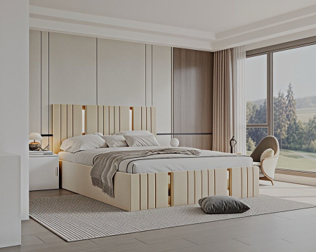 Set Dormitor Sebastian auriu cu oglinda, Pat 160x200cm, Crem + Alb, Pal 18 mm [2]