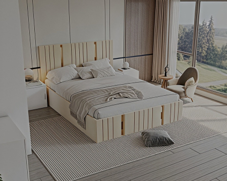 Set Dormitor Sebastian auriu cu oglinda, Pat 160x200cm, Crem + Alb, Pal 18 mm [4]