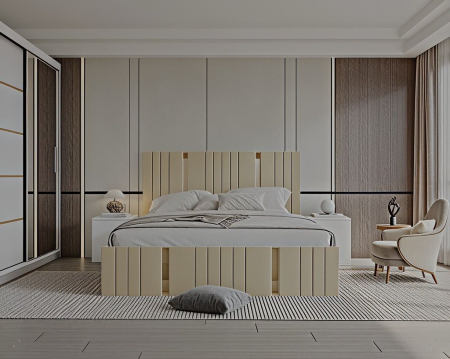 Set Dormitor Sebastian auriu cu oglinda, Pat 160x200cm, Crem + Alb, Pal 18 mm [3]