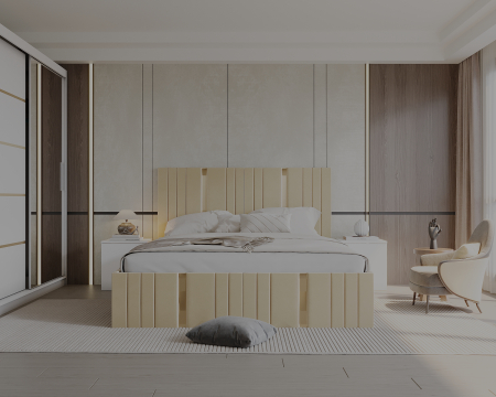 Set Dormitor Sebastian auriu cu oglinda, Pat 160x200cm, Crem + Alb, Pal 18 mm [2]