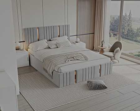 Set Dormitor Sebastian auriu cu oglinda, Pat 160x200cm, Gri deschis+ Alb, Pal 18 mm [4]