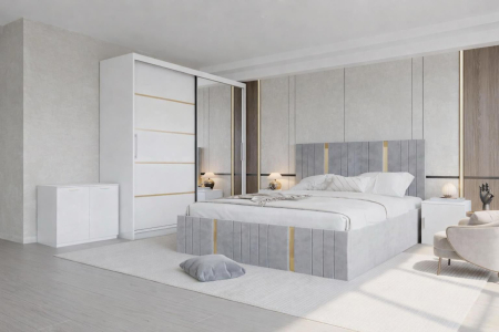 DORMITOARE COMPLETE - Set Dormitor Sebastian auriu cu oglinda, Pat 160x200cm, Gri deschis+ Alb, Pal 18 mm