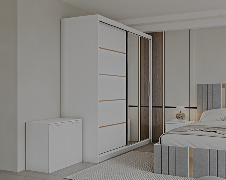 Set Dormitor Sebastian auriu cu oglinda, Pat 160x200cm, Gri deschis+ Alb, Pal 18 mm [1]