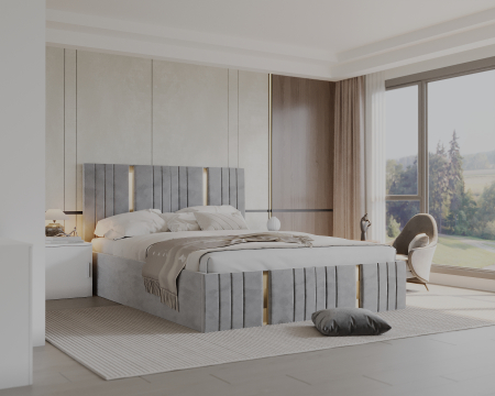 Set Dormitor Sebastian auriu cu oglinda, Pat 160x200cm, Gri deschis+ Alb, Pal 18 mm [2]